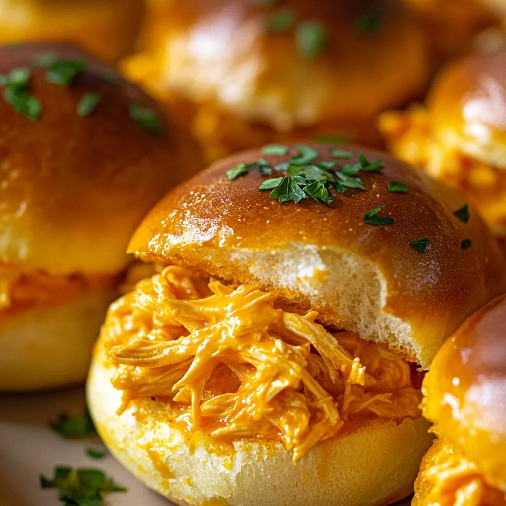 Spicy Buffalo Chicken Sliders garnished with green onions on a platter