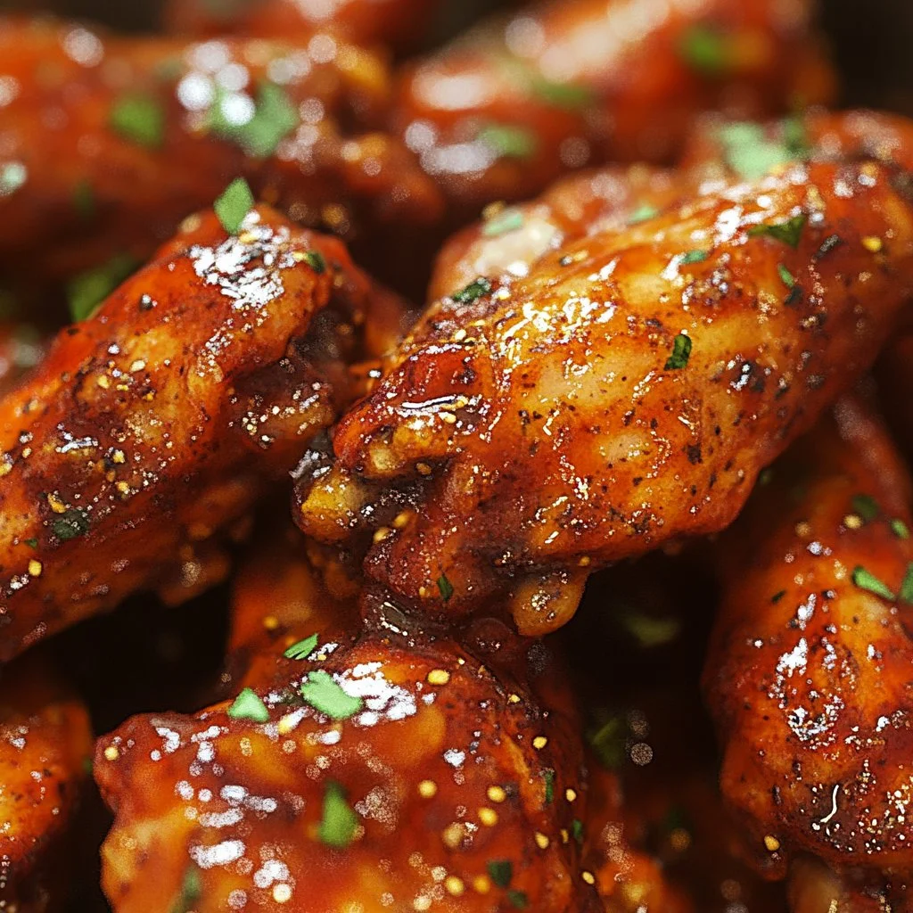 Plate of spicy chicken wings garnished with herbs and sauce