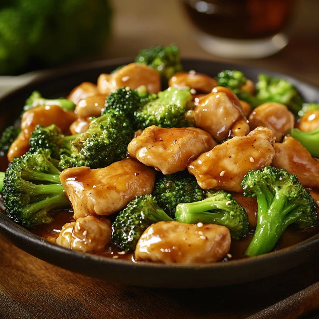 Stir-Fried Chinese Chicken and Broccoli dish served with rice
