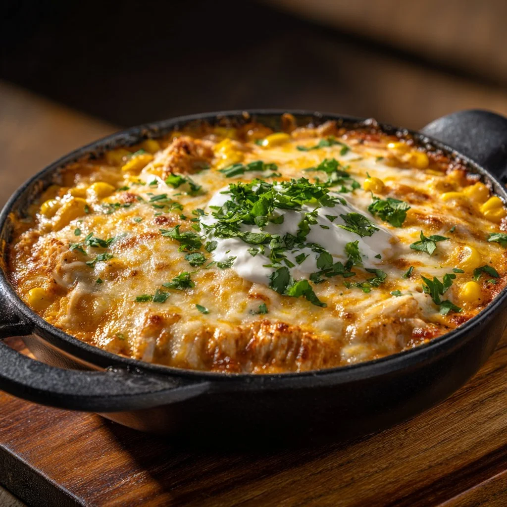 Delicious Street Corn Chicken Casserole in a baking dish topped with cheese and herbs