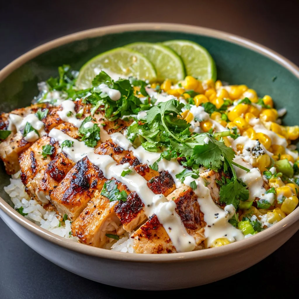Delicious Street Corn Chicken Rice Bowl topped with corn and spices