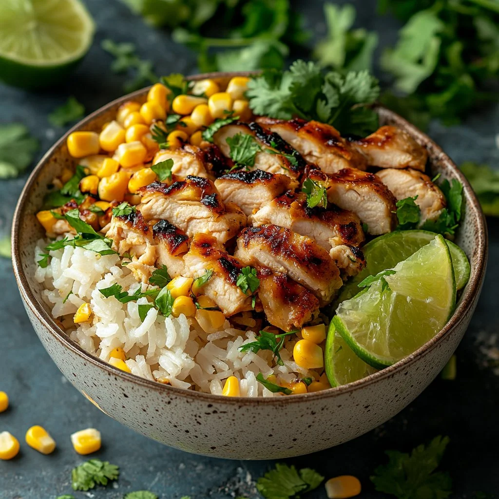 Delicious Street Corn Chicken Rice Bowl with grilled chicken, corn, and rice.