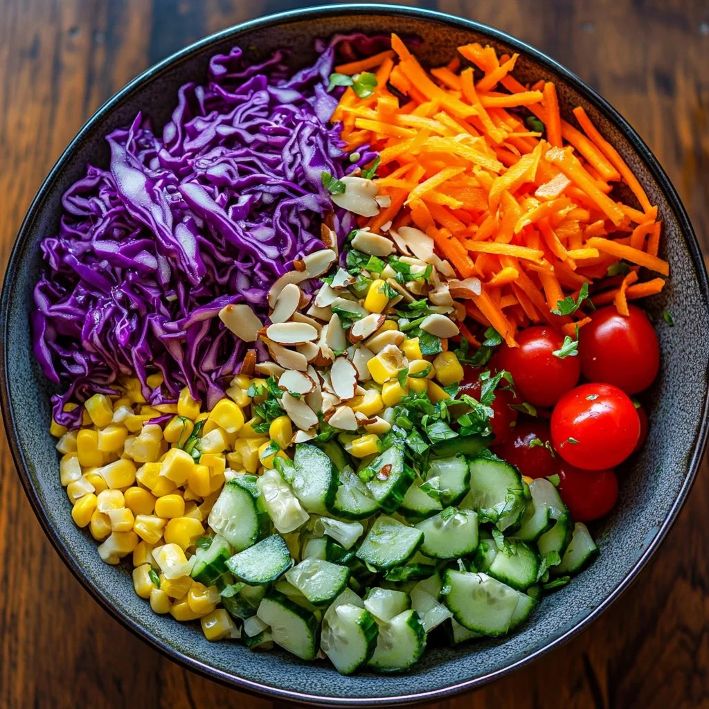 Delicious Summer Ramen Noodle Salad with fresh vegetables and dressing