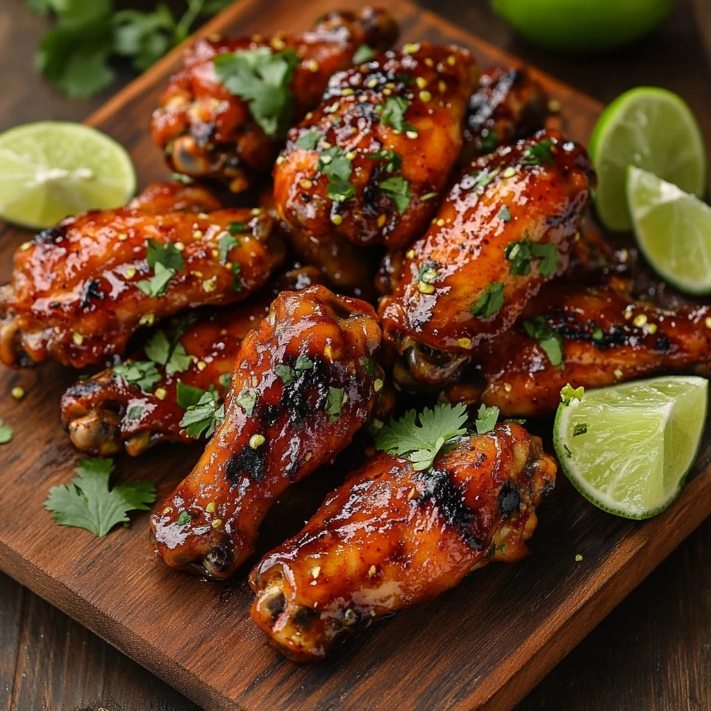 Plate of sweet chili lime chicken wings garnished with cilantro and lime.