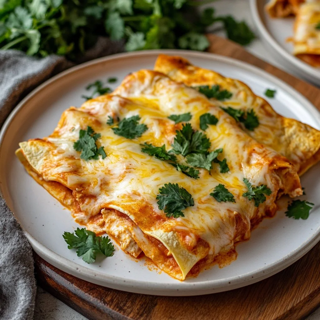 Delicious Swiss Chicken Enchilada with melted cheese and fresh ingredients