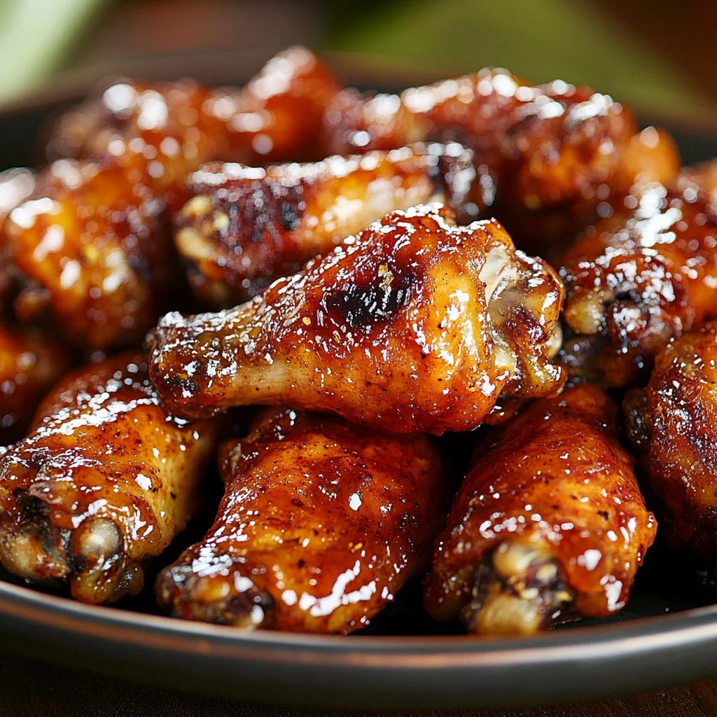 Teriyaki chicken wings glazed with sauce, served on a platter