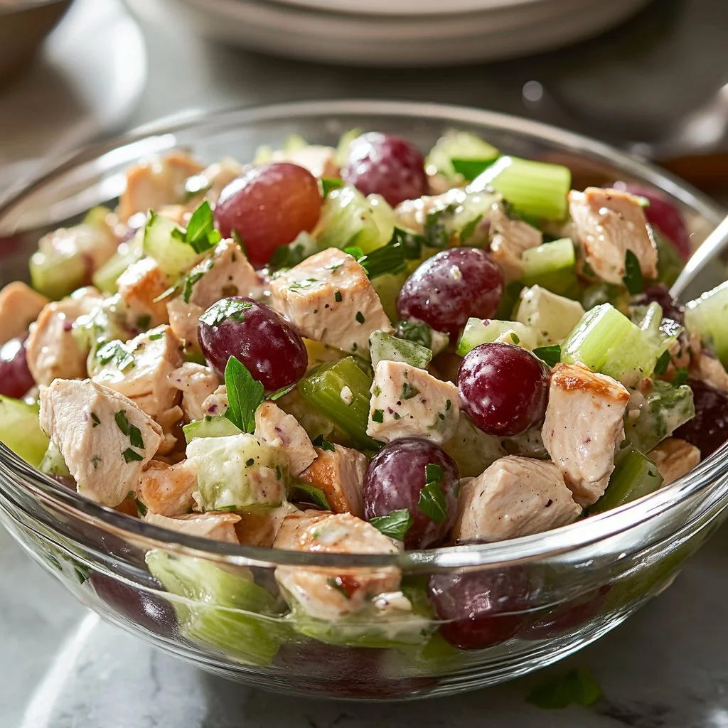 Delicious healthy chicken salad served in a bowl with fresh vegetables