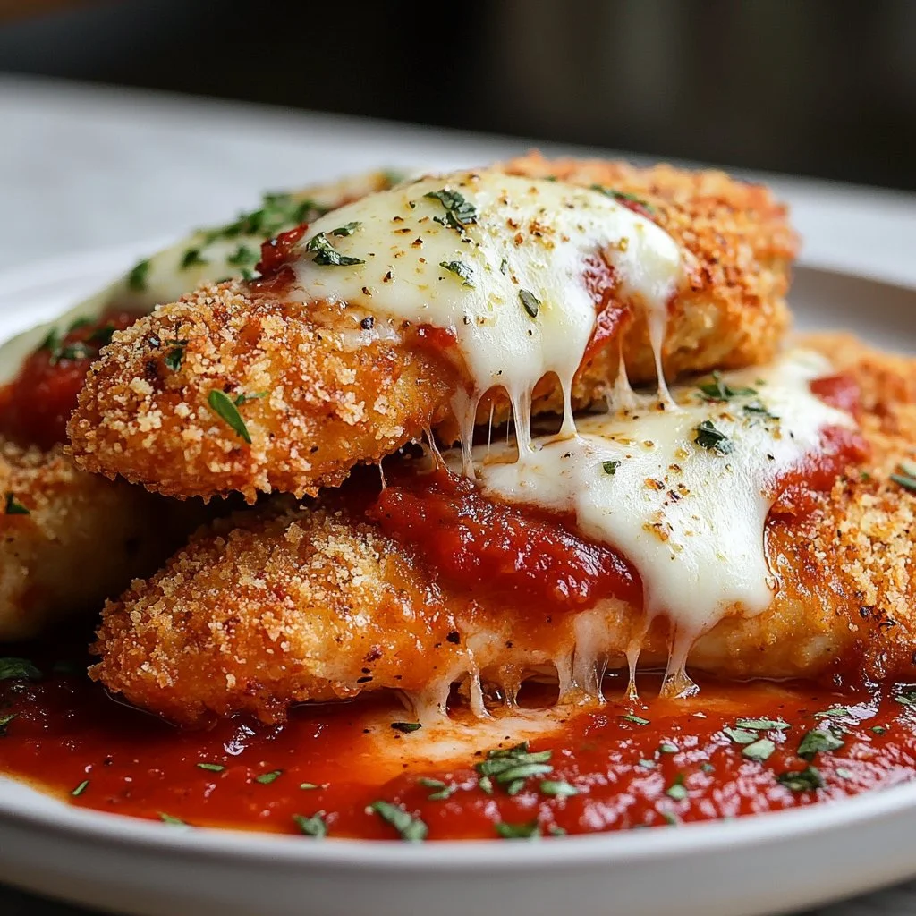 Delicious baked chicken parmesan topped with melted cheese and marinara sauce