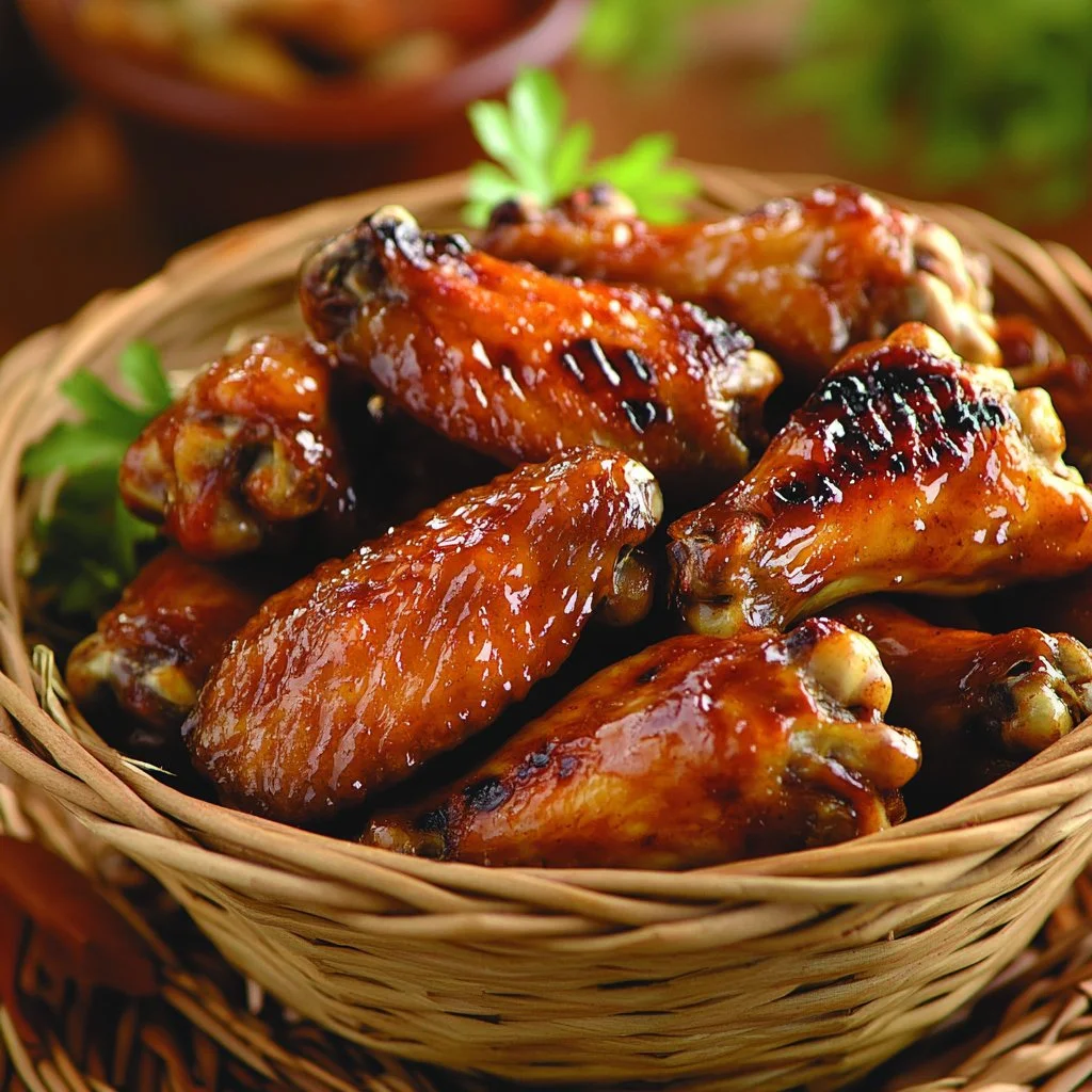 Delicious ultimate chicken wings served with dipping sauce and garnished.
