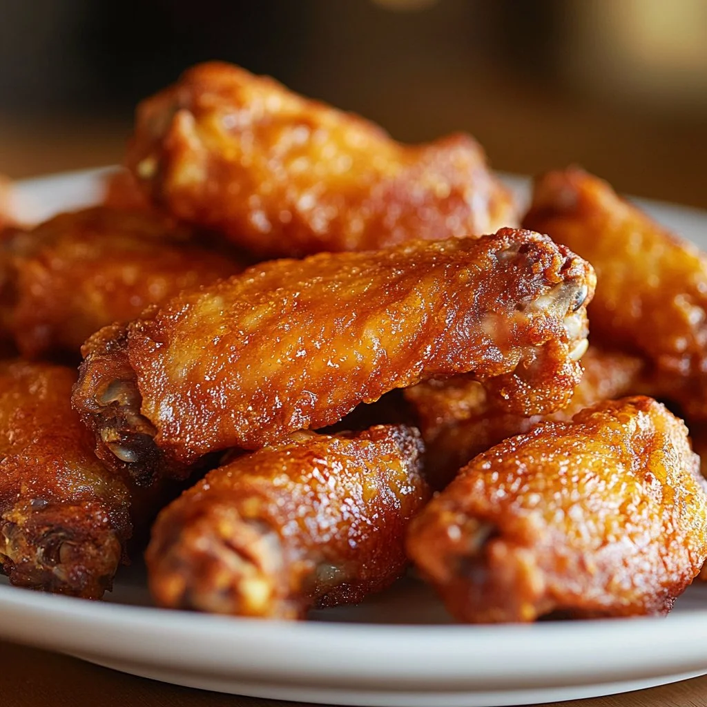 Delicious crispy baked chicken wings served with dipping sauce.