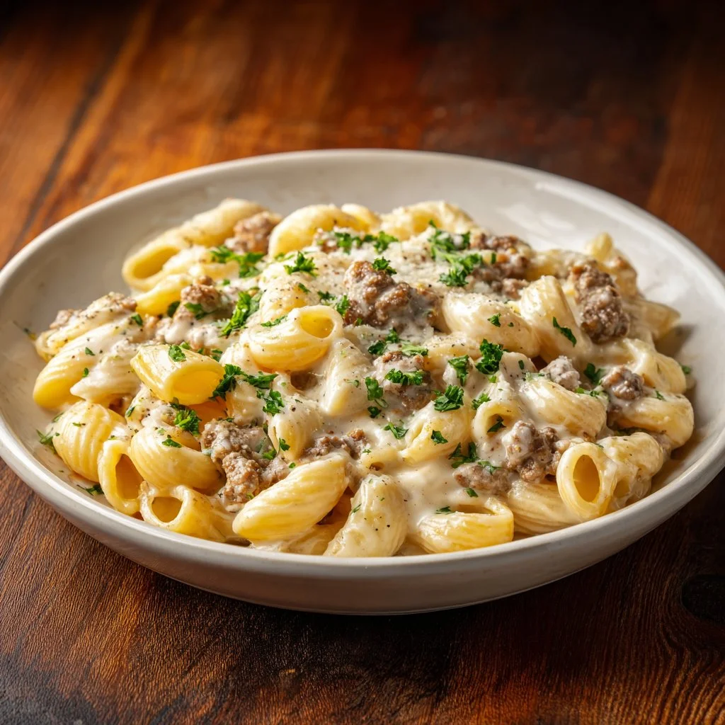 Delicious Ultimate Loaded Cheeseburger Alfredo Pasta topped with beef and cheese