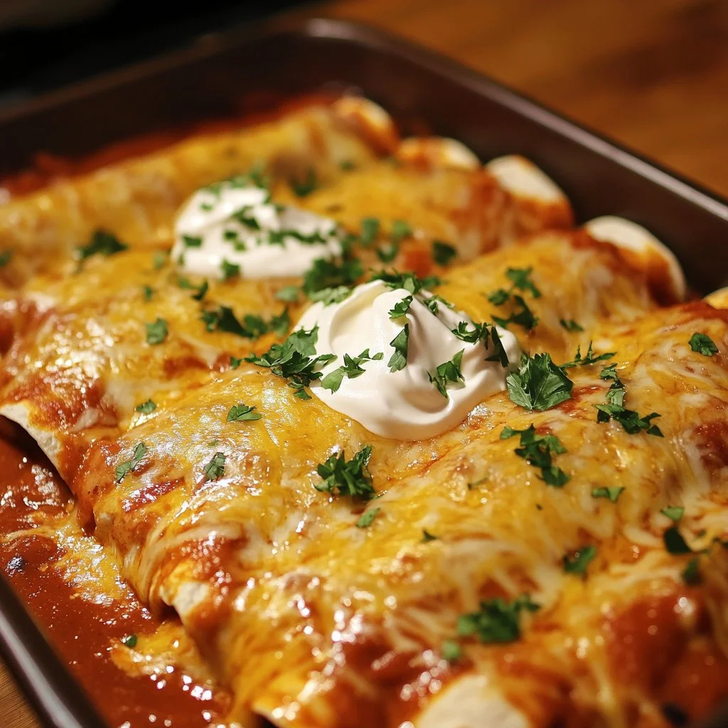 Plate of ultimate quick and easy chicken enchiladas topped with cheese and cilantro