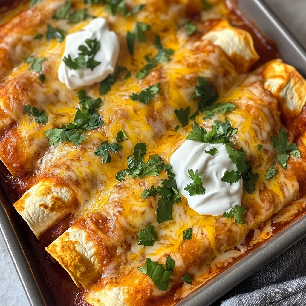 Quick and easy chicken enchiladas topped with cheese and green sauce