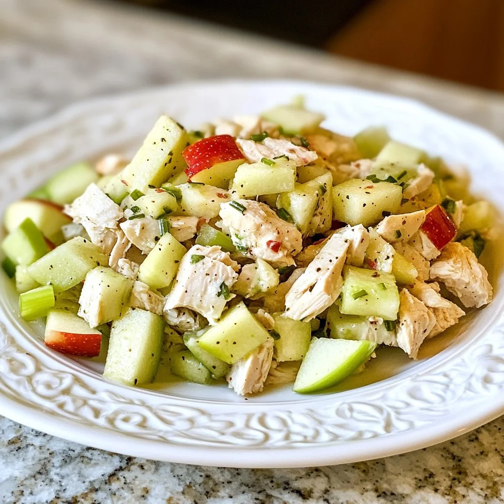 Bowl of Waldorf Chicken Salad with grapes, apples, walnuts, and chicken