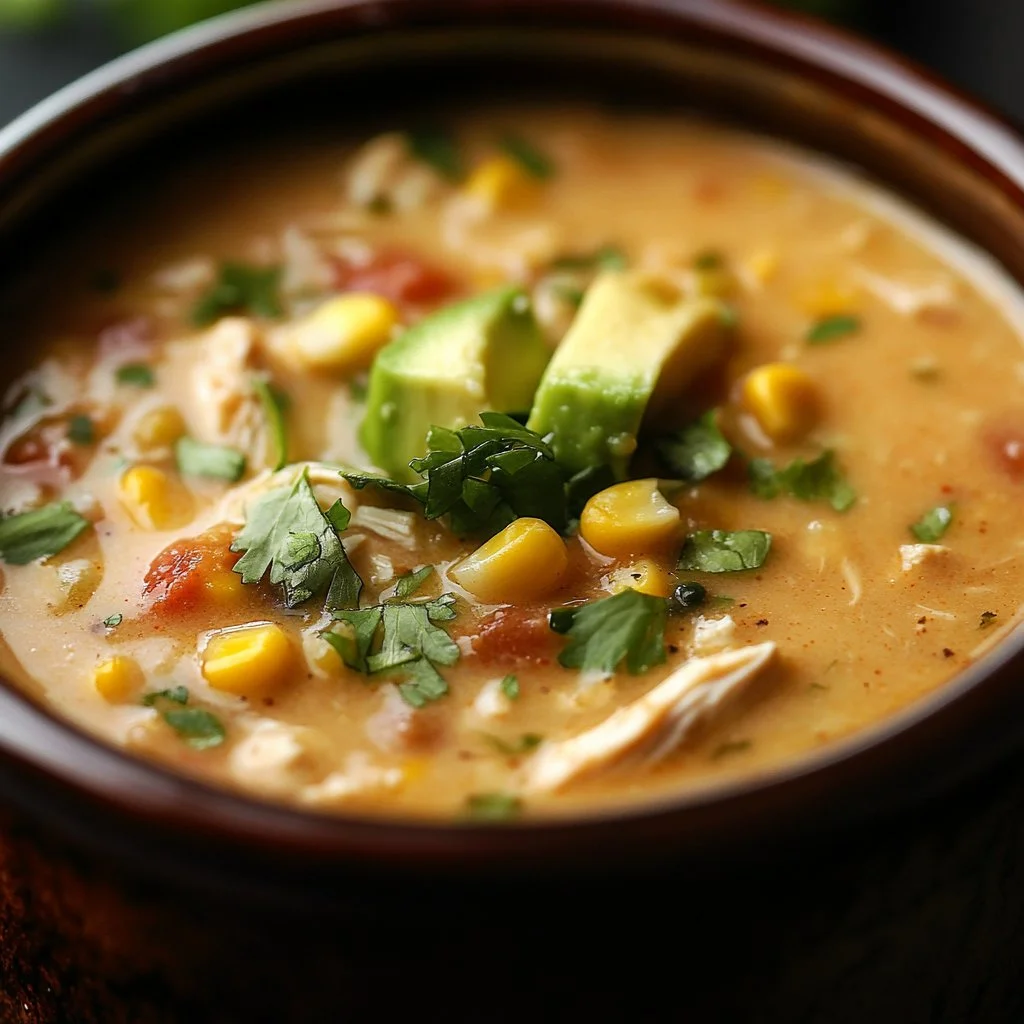 Bowl of creamy white chicken chili topped with cilantro and jalapeños.