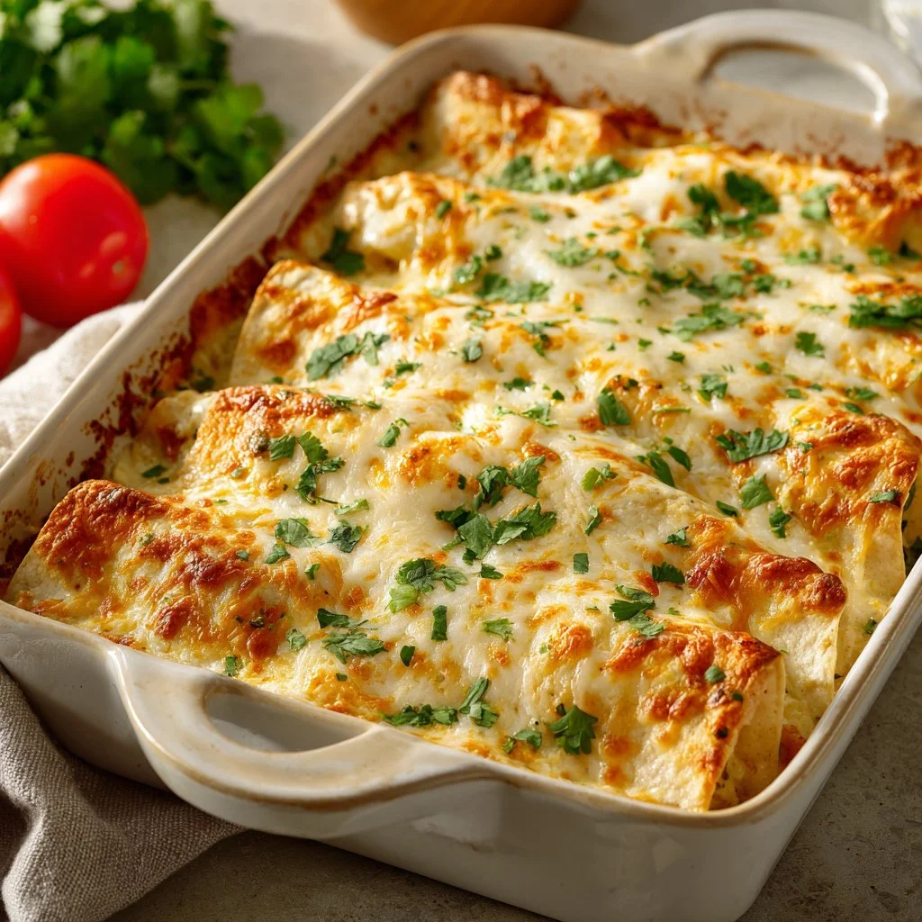 Delicious white chicken enchilada casserole topped with cheese and garnished.