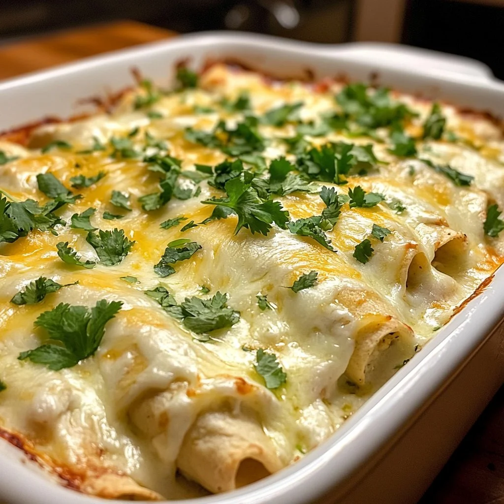 Delicious White Chicken Enchilada Casserole topped with cheese and herbs