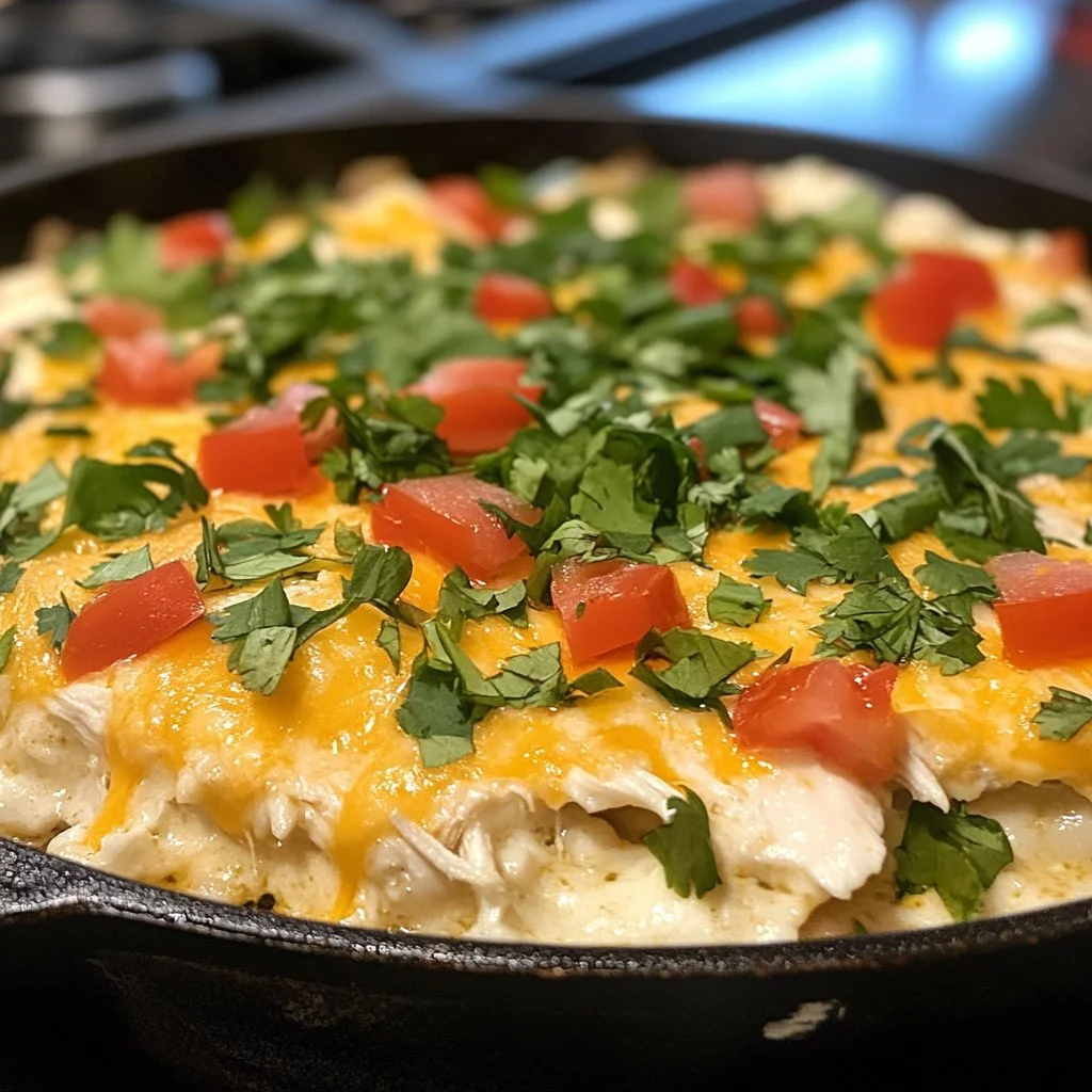 Delicious White Chicken Enchilada Casserole topped with cheese and garnished with cilantro
