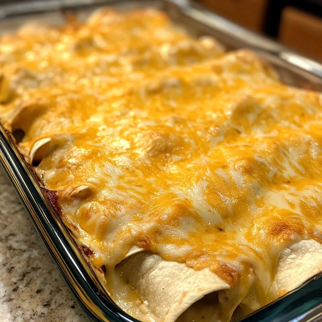 Delicious white chicken enchiladas topped with melted cheese and garnished
