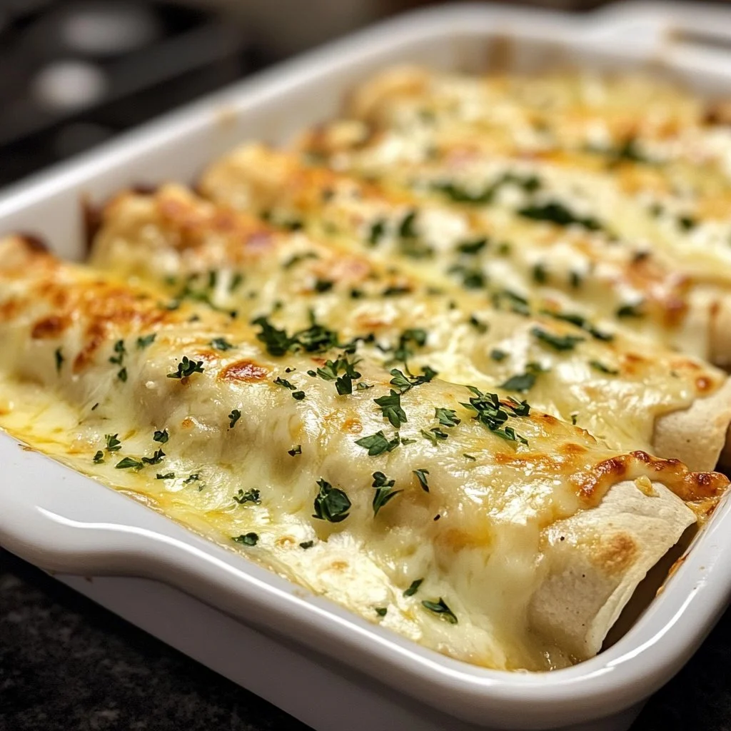 Delicious white chicken enchiladas topped with creamy sauce and cheese