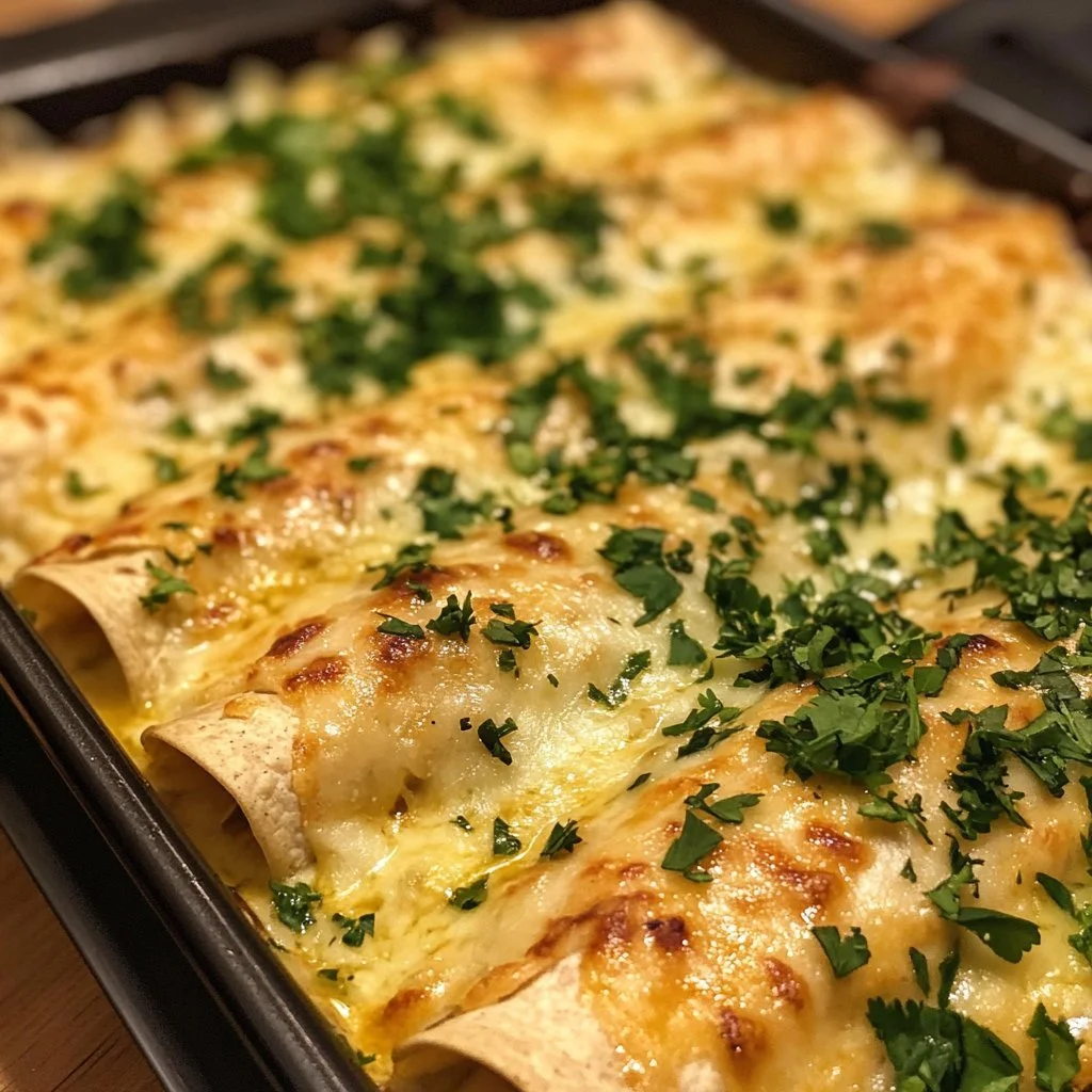 Delicious white chicken enchiladas topped with cheese and cilantro