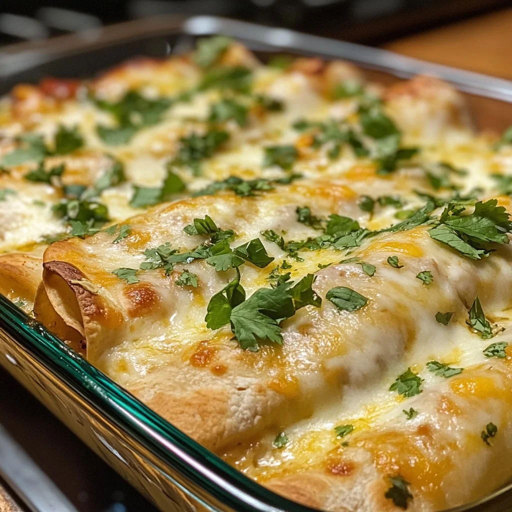 Delicious white chicken enchiladas topped with creamy sauce and cheese