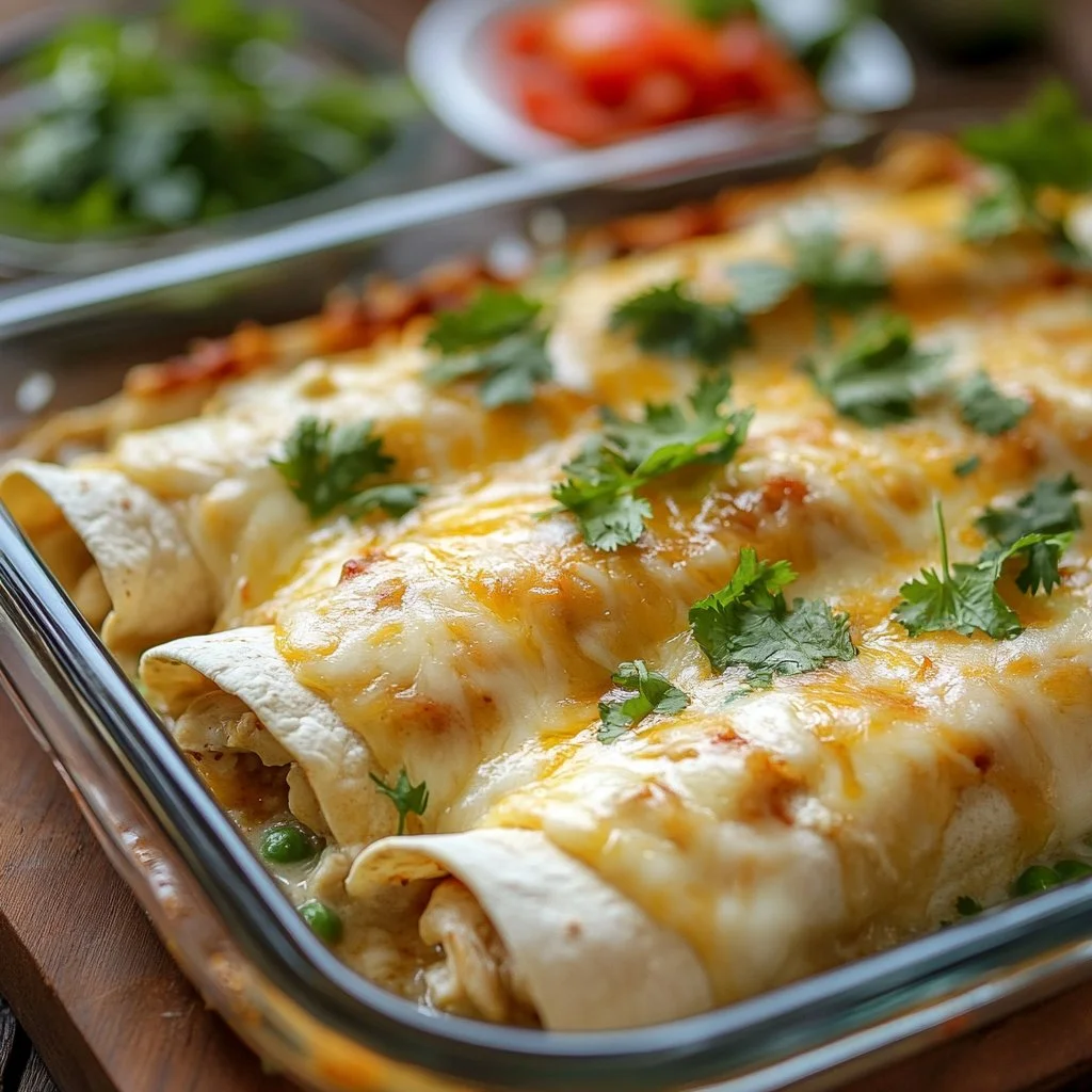 Delicious white chicken enchiladas served with creamy sauce and toppings.