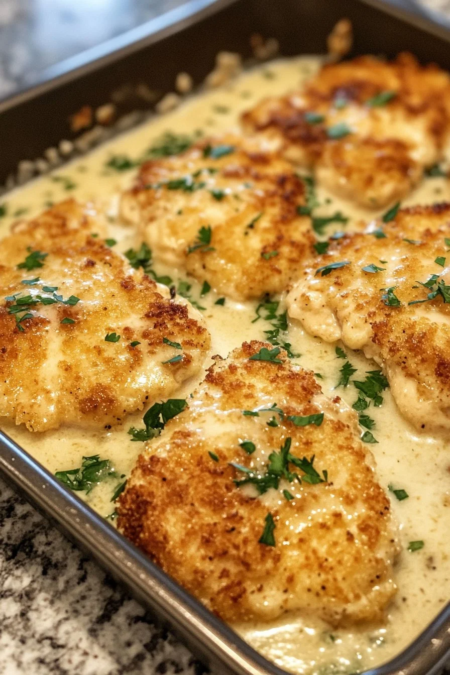 Crispy Parmesan Chicken with Garlic Cream Sauce