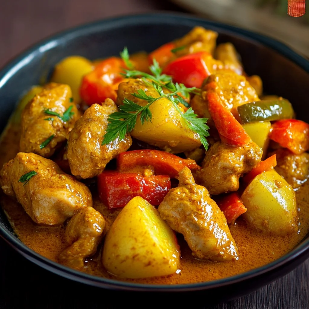 Plate of Authentic Jamaican Curry Chicken with vibrant spices and herbs.