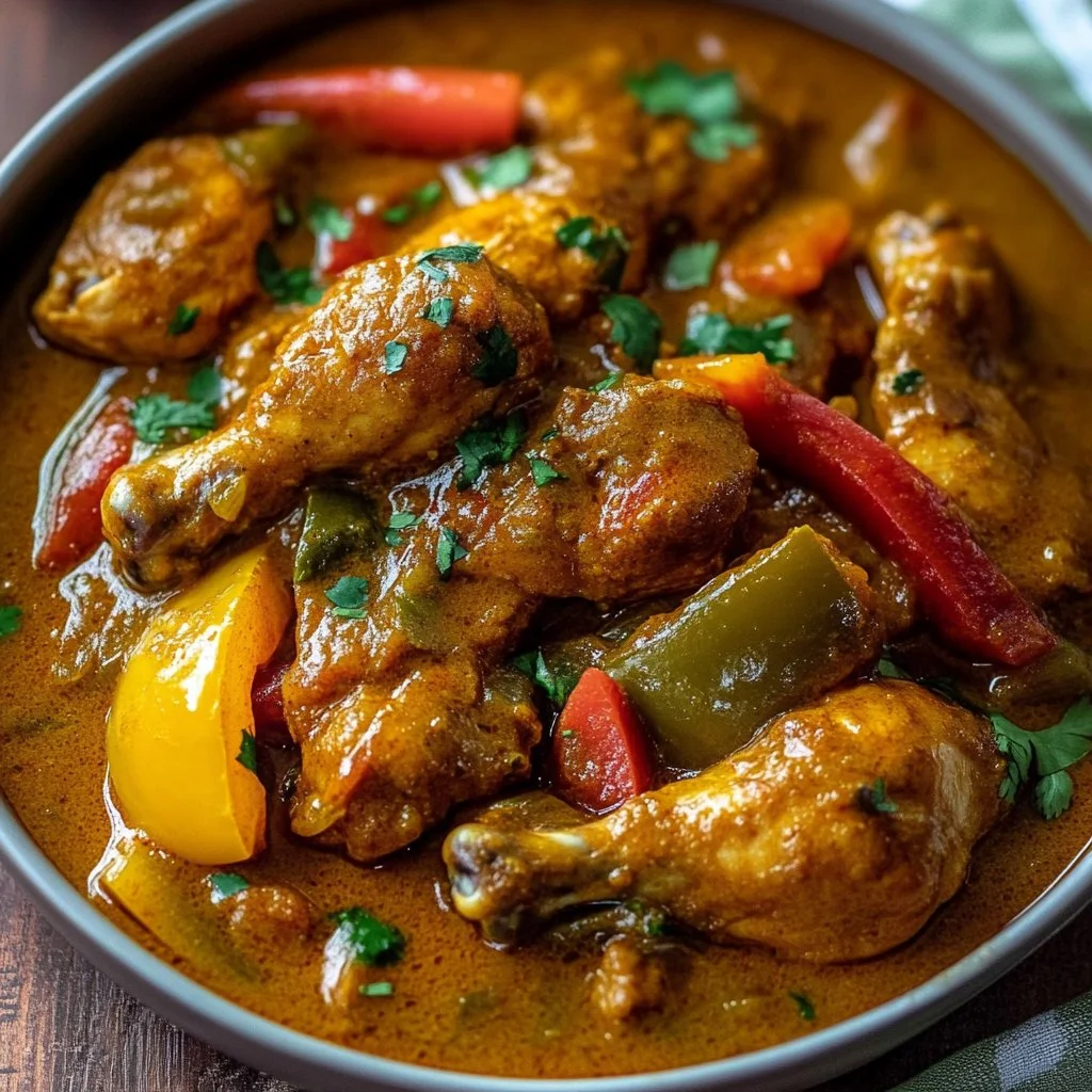 Plate of authentic Jamaican Curry Chicken with spices and herbs.