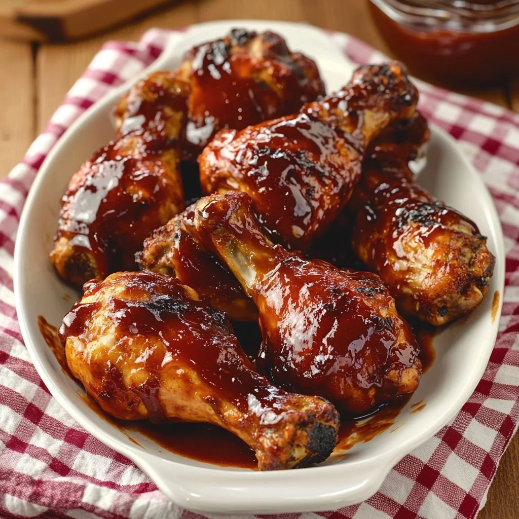 Baked BBQ chicken drumsticks served on a plate
