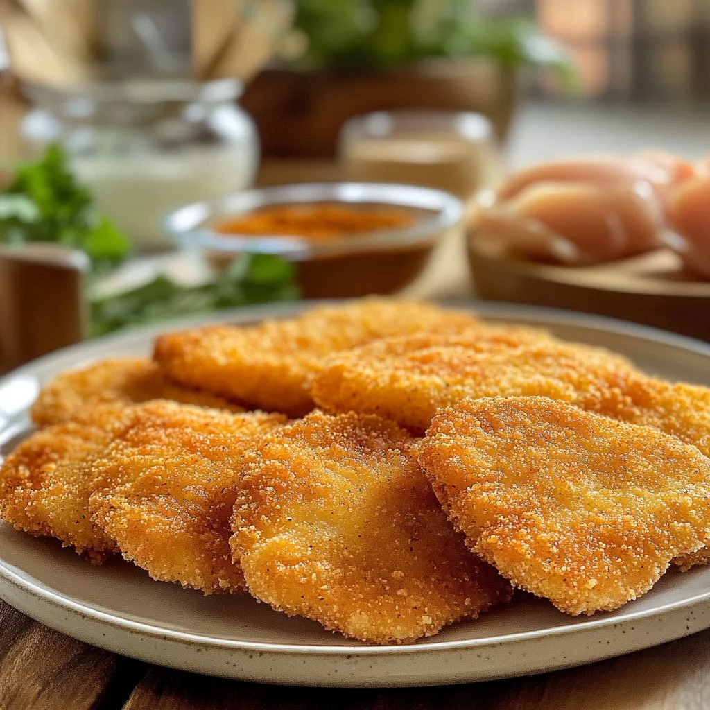 Crispy baked breaded chicken cutlets served on a plate with herbs