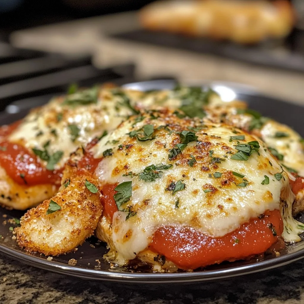 Baked Chicken Parmesan garnished with fresh basil and served on a plate