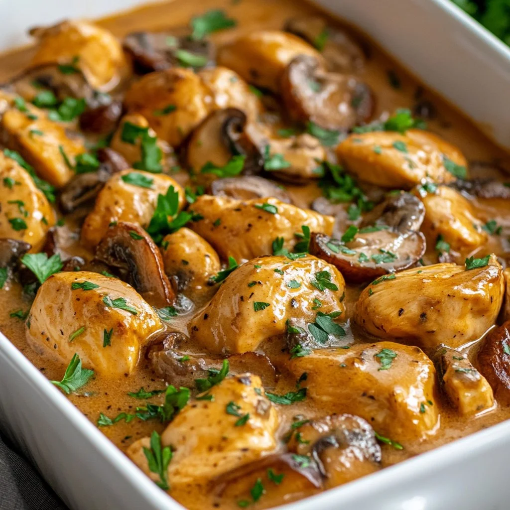 Baked chicken stroganoff with creamy sauce and mushrooms on a plate