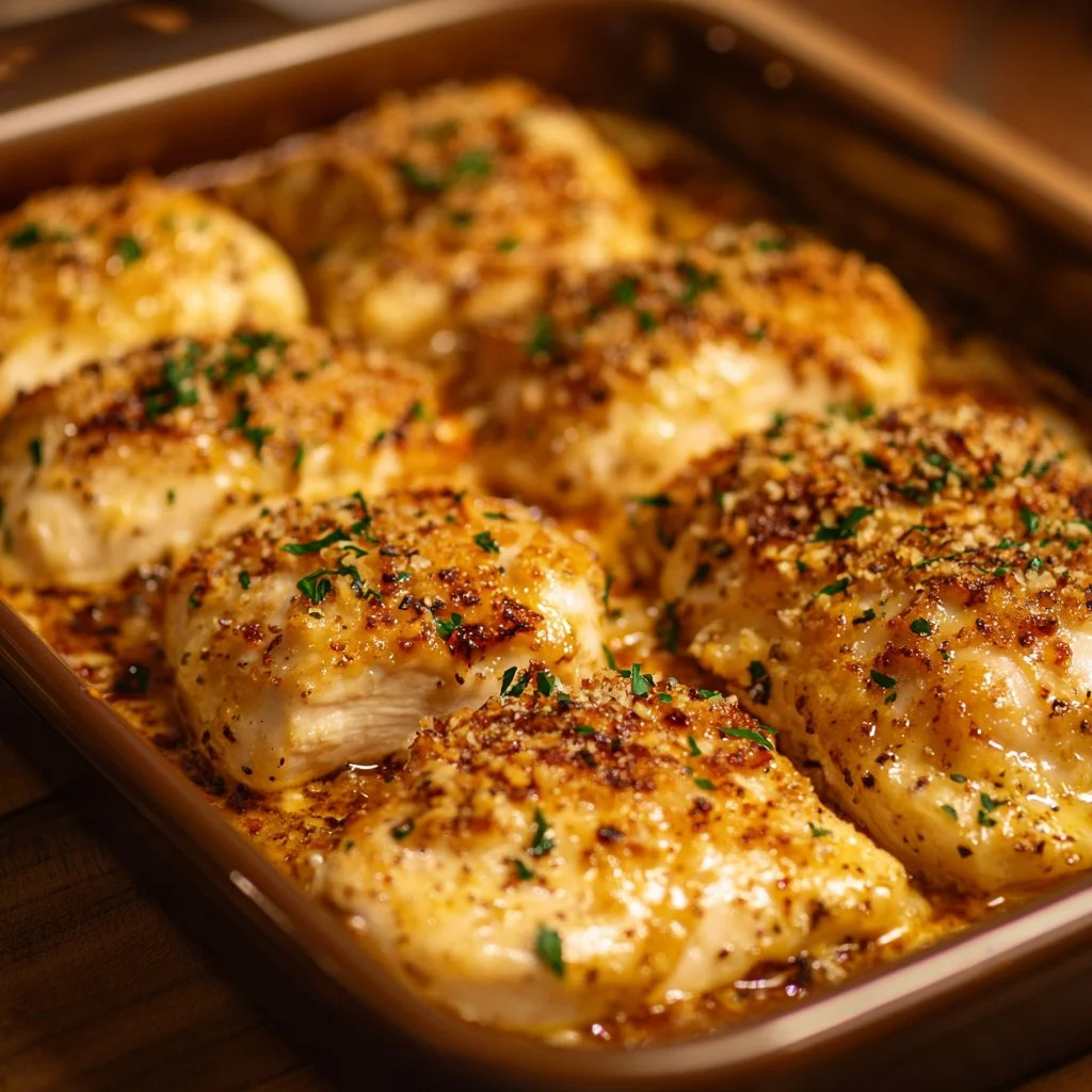 Baked Garlic Parmesan Chicken served with a side of vegetables on a plate