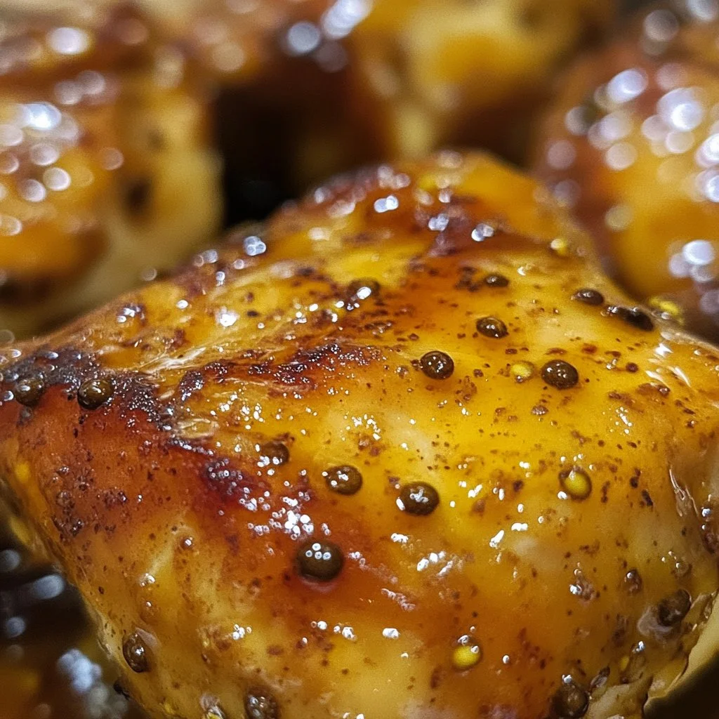 Baked Honey Mustard Chicken Breasts served on a plate with herbs and vegetables
