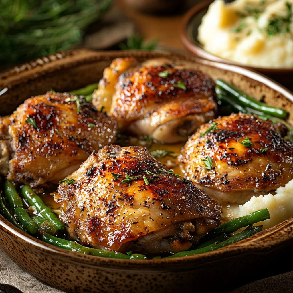 Baked Ranch Roast Chicken Thighs served on a rustic wooden platter
