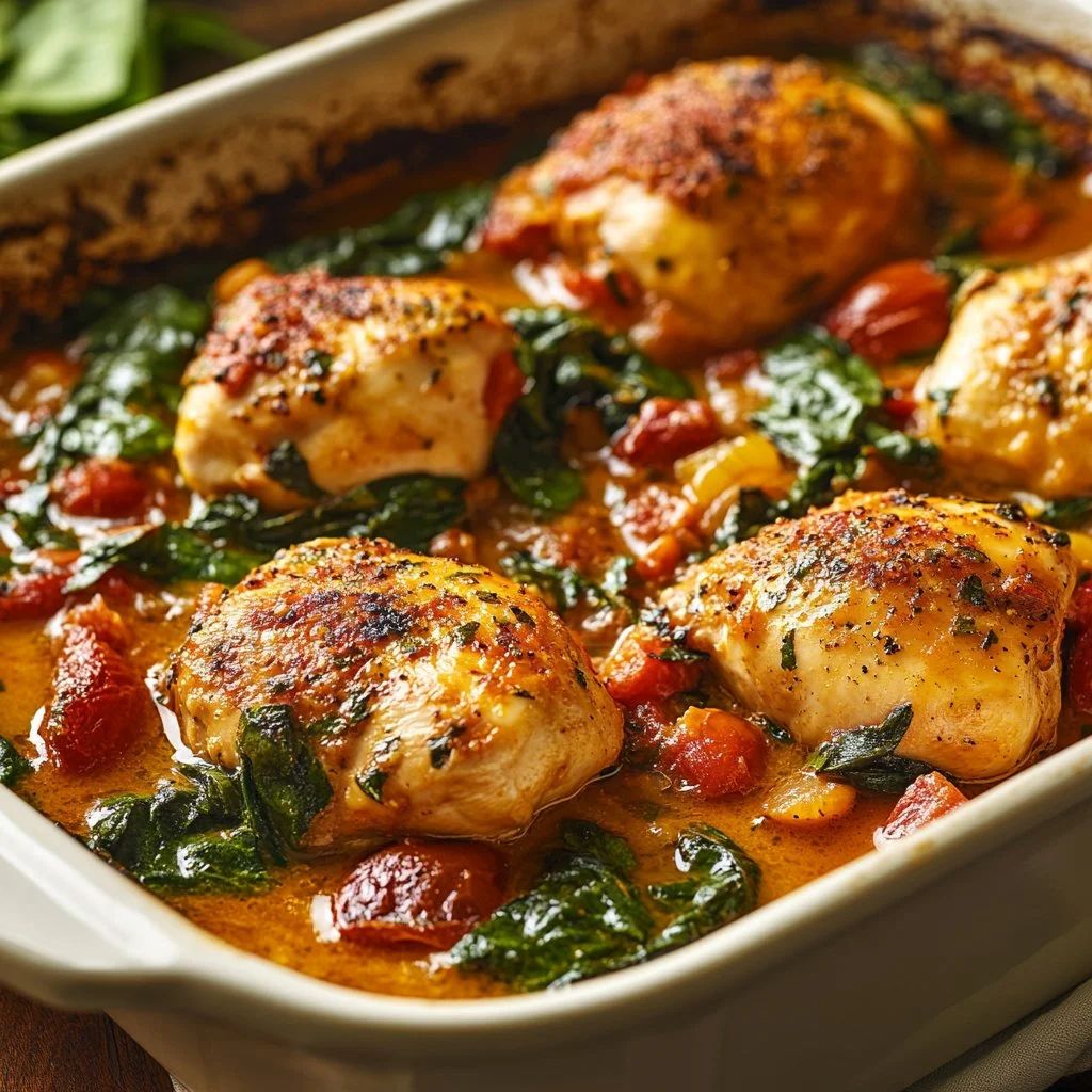 Baked Tuscan chicken breast with herbs and sun-dried tomatoes on a plate