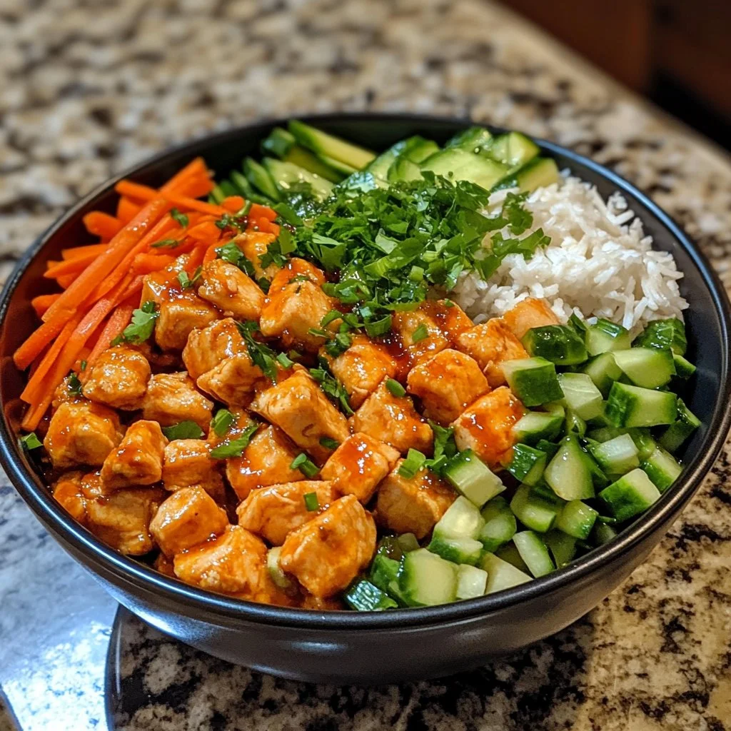 Delicious Bang Bang Chicken Bowl with spicy sauce and fresh vegetables