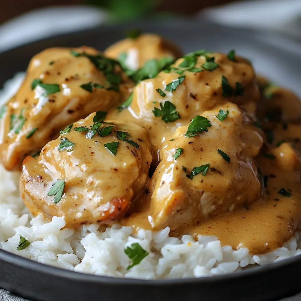 Delicious plate of best smothered chicken and rice served with savory gravy