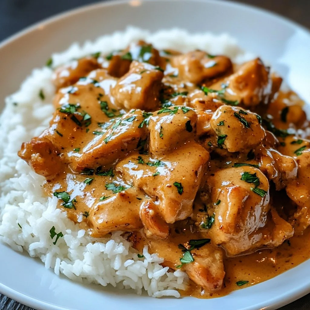 Plate of best smothered chicken and rice with rich gravy and herbs