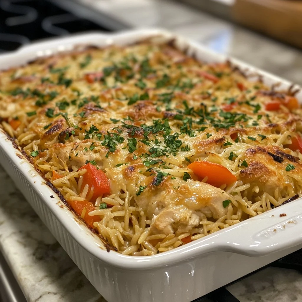 Boursin Orzo Bake with chicken and veggies in a creamy sauce