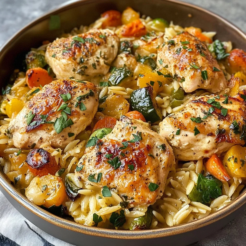 Delicious Boursin Orzo Bake with Chicken and Vegetables ready to serve
