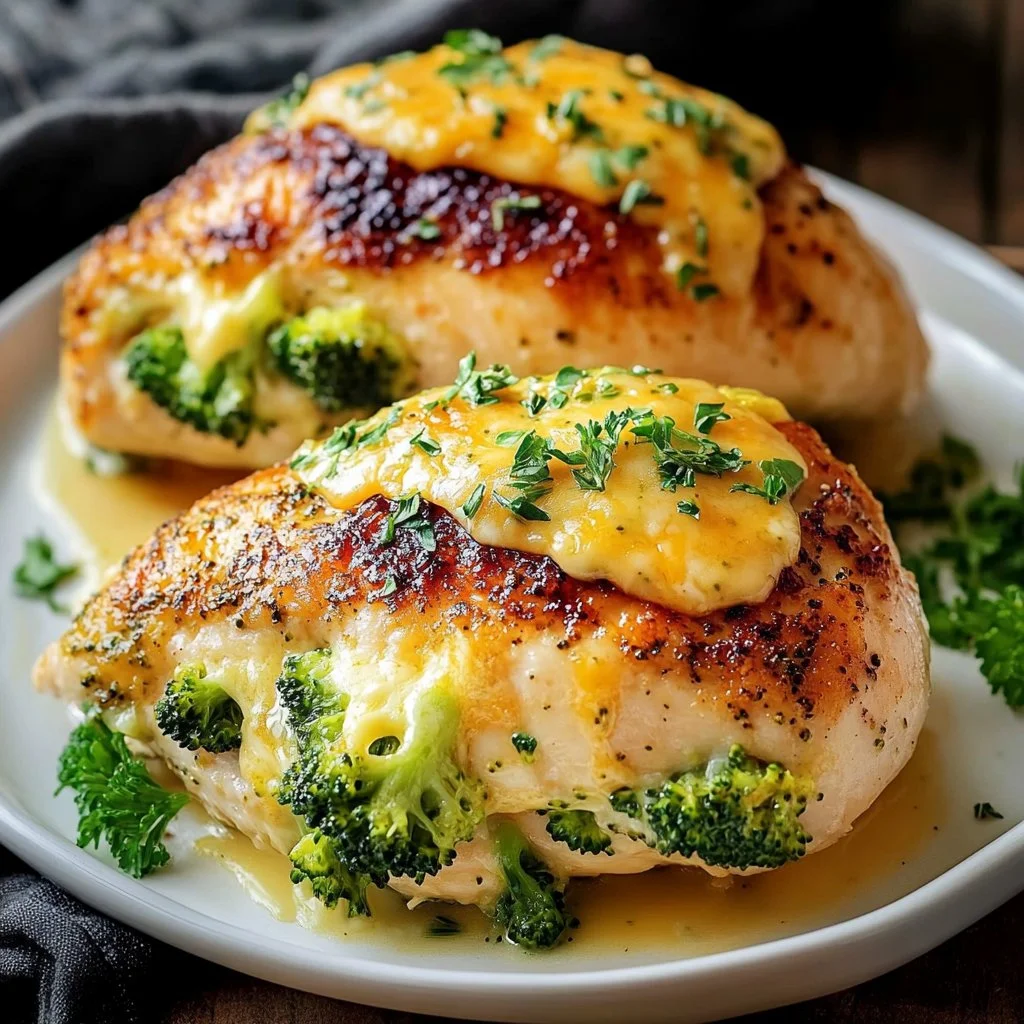 Broccoli Cheddar Stuffed Chicken Breasts on a plate ready to serve