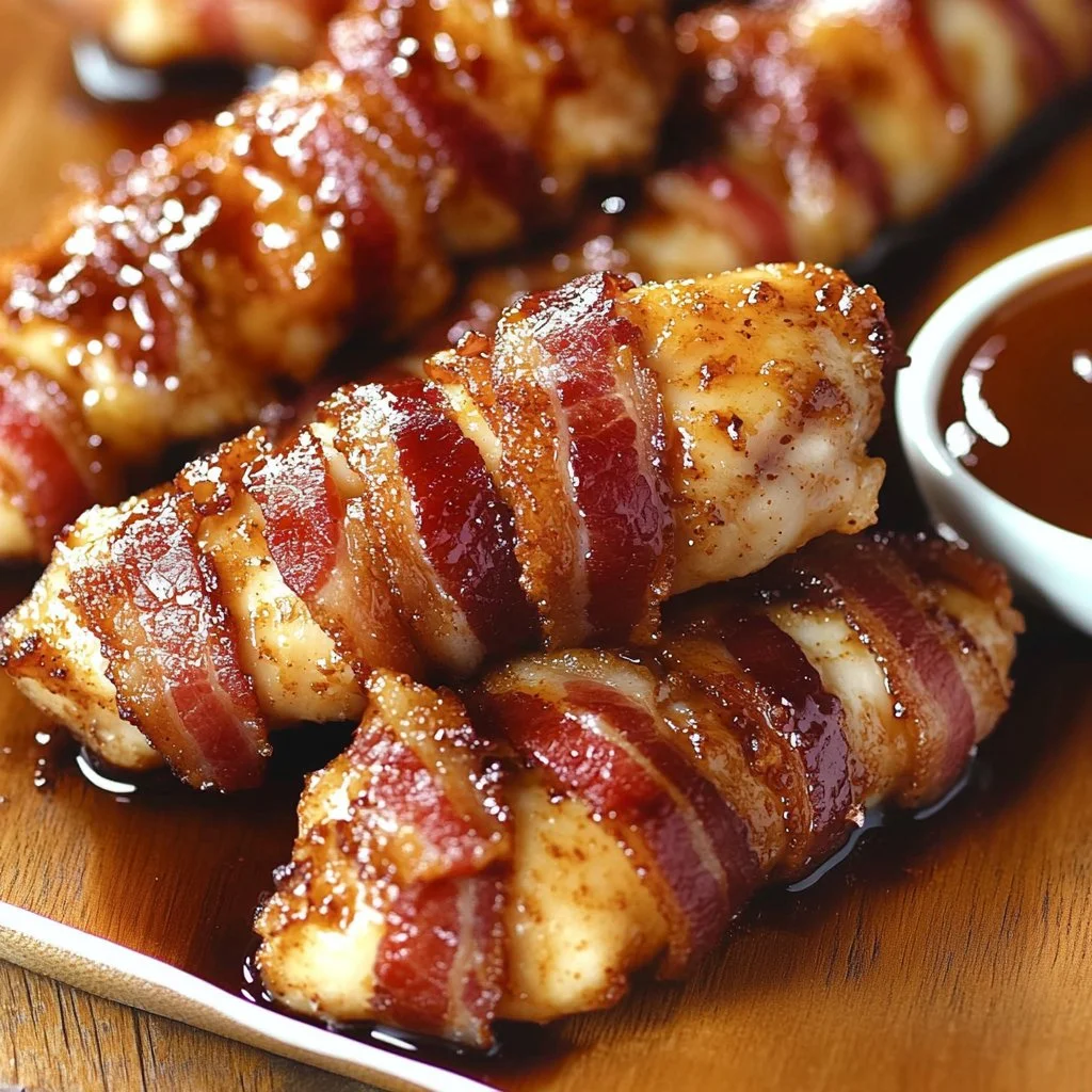 Delicious brown sugar bacon wrapped chicken on a plate garnished with herbs