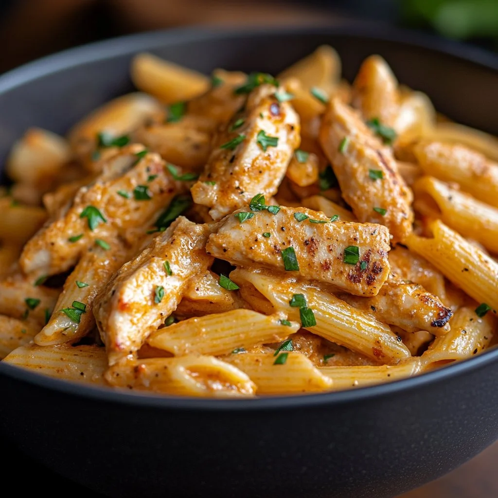 Delicious Cajun Chicken Pasta served with fresh herbs and vegetables
