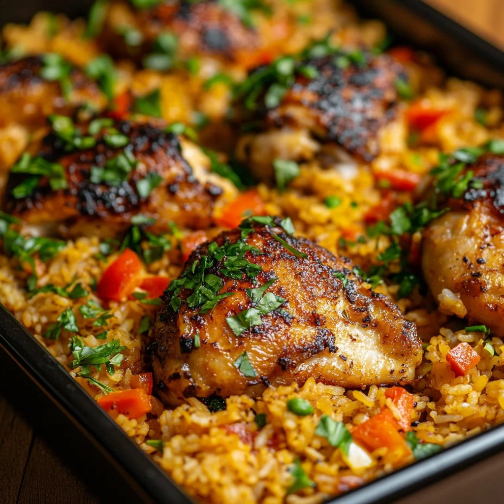 Delicious Caribbean Chicken served with rice, showcasing tropical flavors.