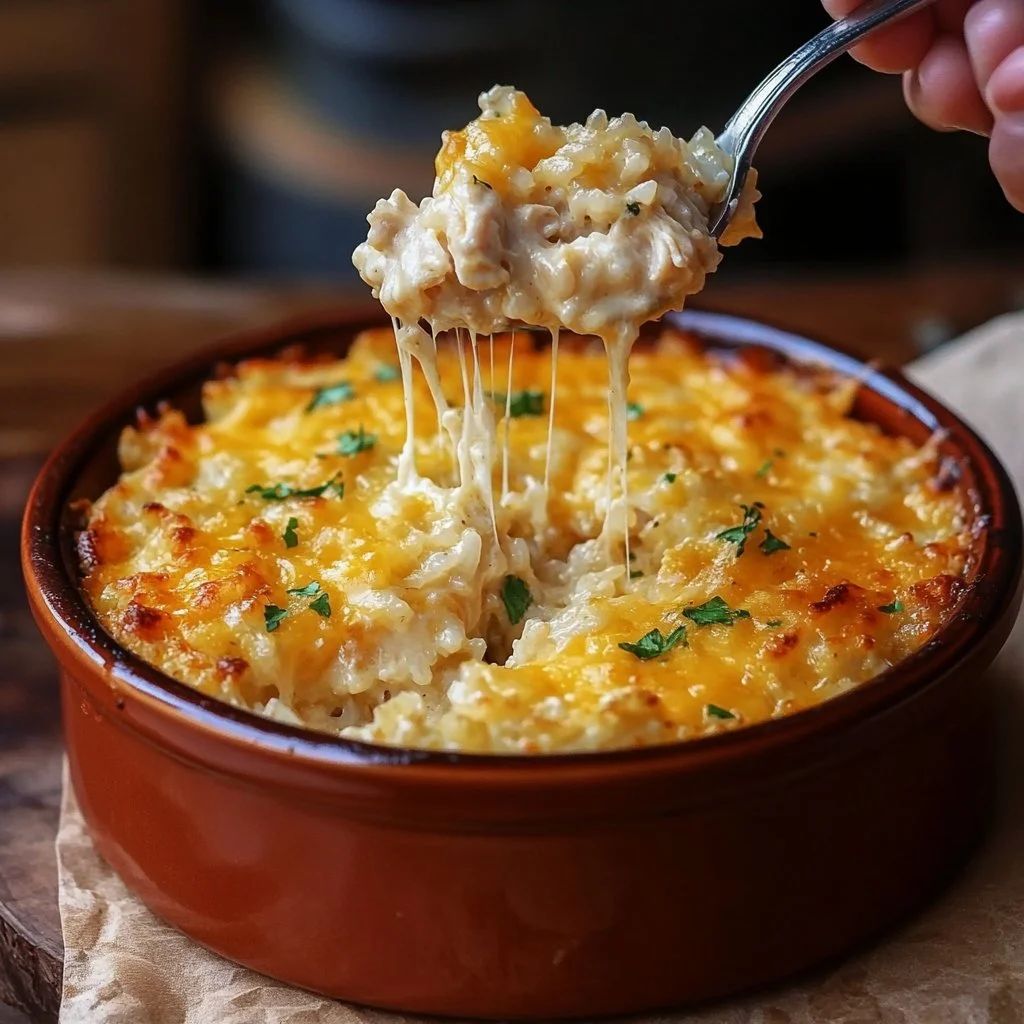 Easy Poor Man's Chicken Casserole dish served in a baking dish with herbs