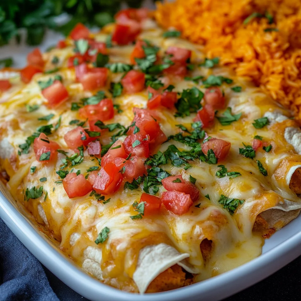 Delicious cheese chicken enchiladas topped with melted cheese and garnished.