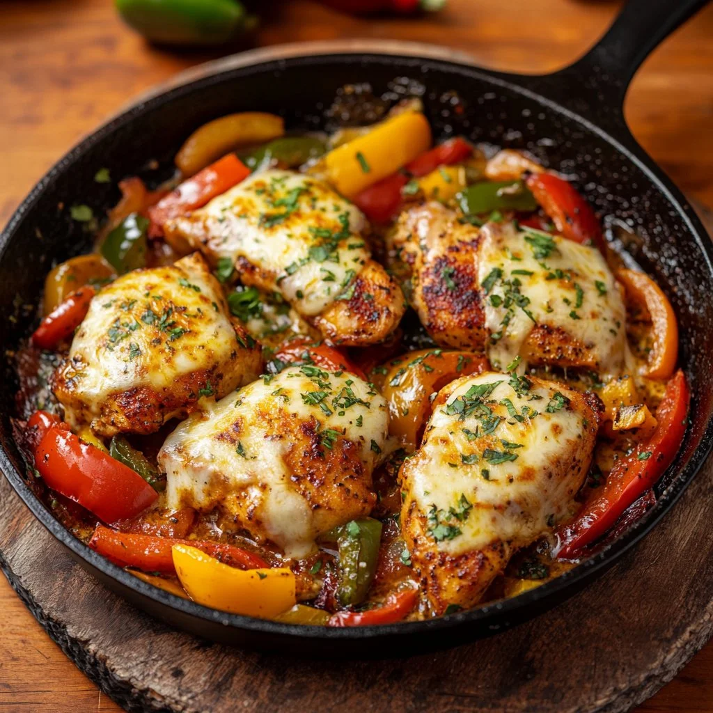 Cheesy Baja Chicken & Bell Pepper Skillet served in a pan with colorful ingredients